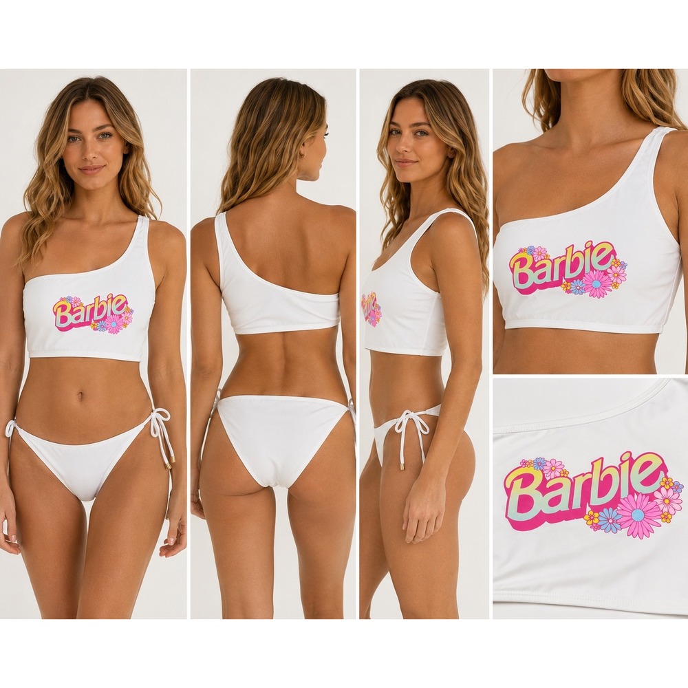 Barbie One Shoulder Bikini Top Womens L White Floral Logo Swim Top